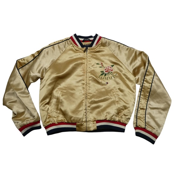 Tommy Jeans Jacket Womens Medium Gold Satin Bomber‎ Embroidered Phoenix Sukajan